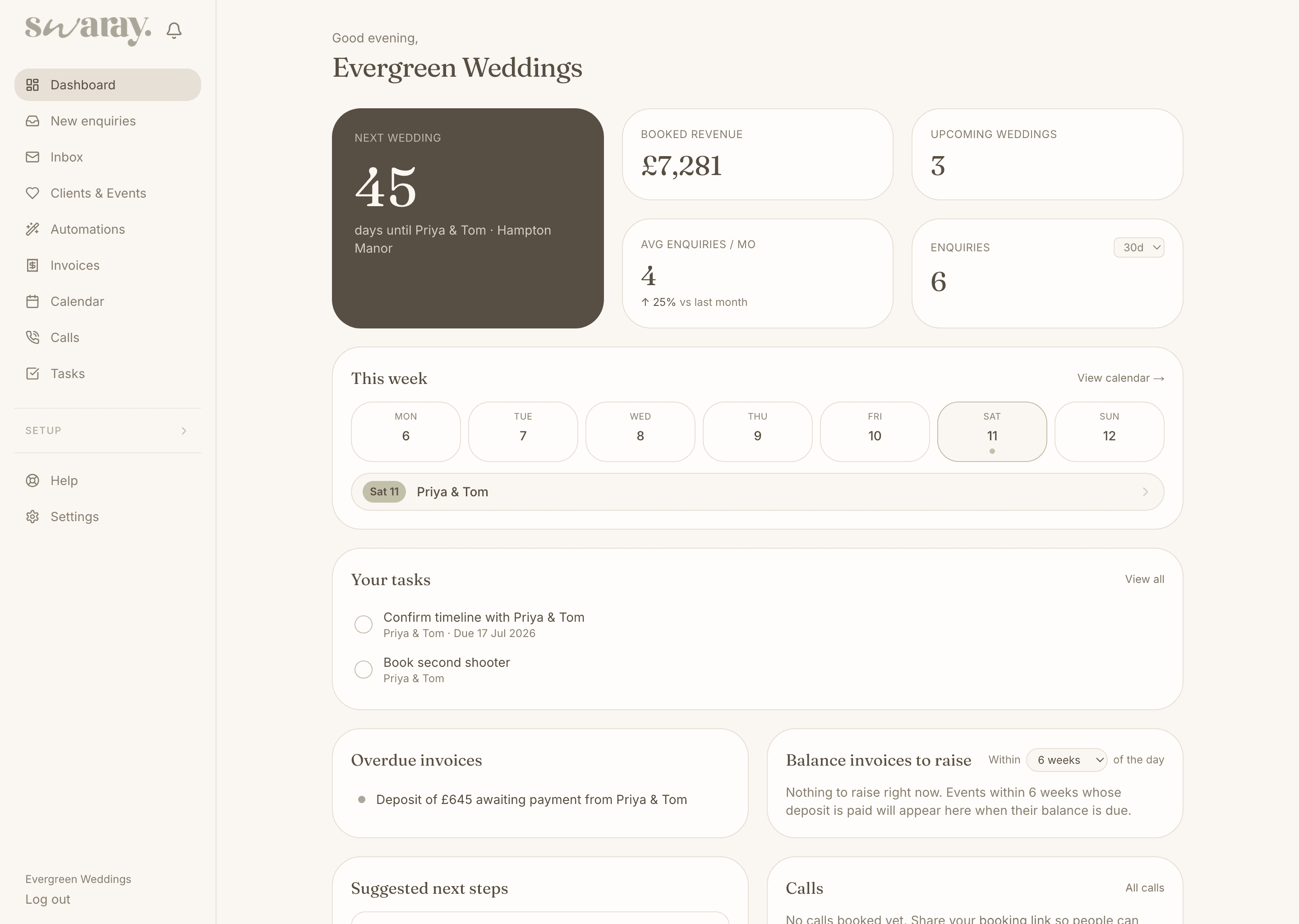The Swaray dashboard - next booking, revenue, this week, tasks and next steps